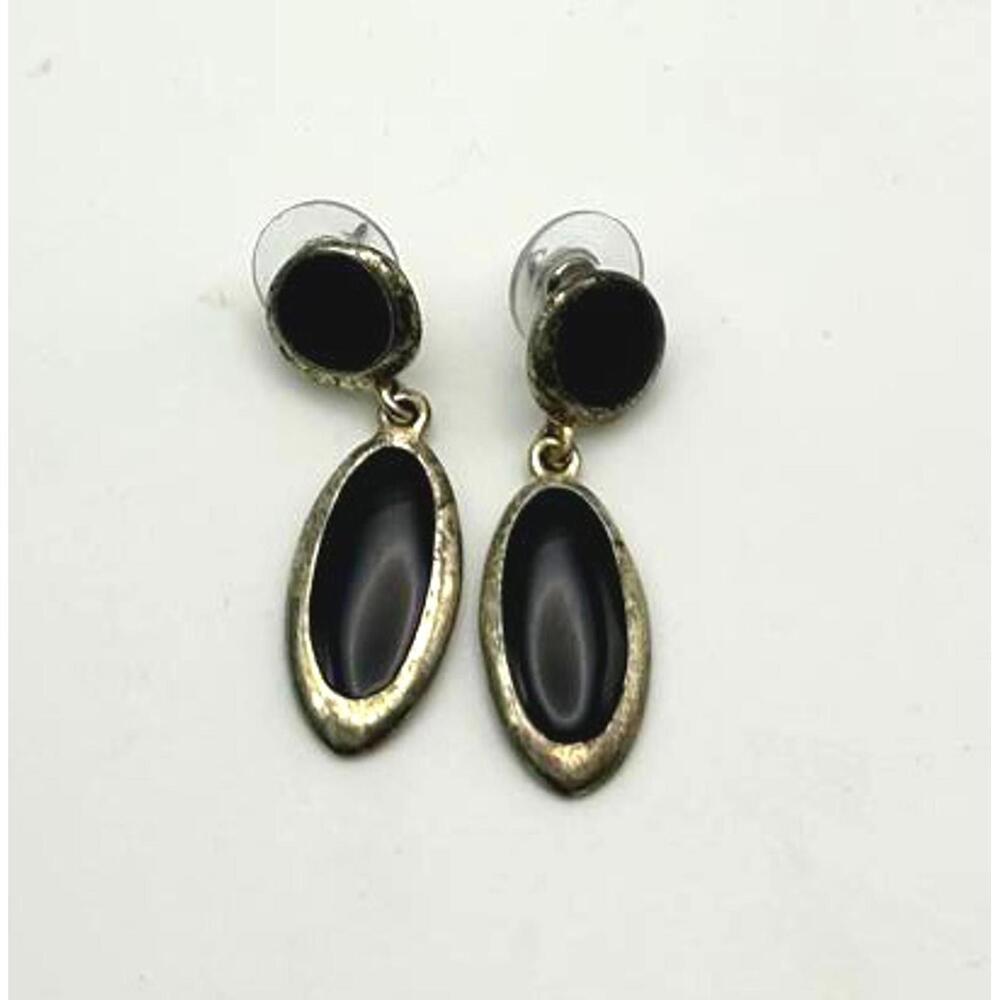 Vintage Earrings Silver Tone Black Oval Dangles – Retro Drop Statement Jewelry